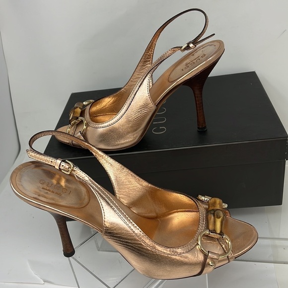 Gucci Sz 7 B Rosegold Rose Gold Leather Slingback Bamboo Horse Bit Heels - Picture 5 of 12